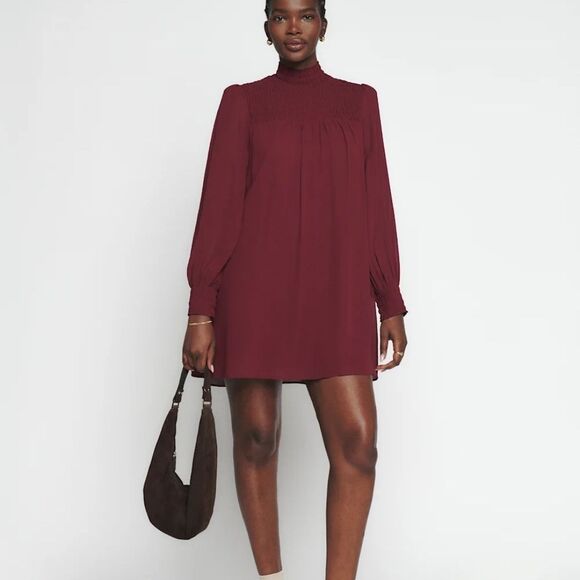 Reformation Brandi Smocked Mini Dress Relaxed Fit Chiffon Burgundy Size XL - Picture 1 of 15